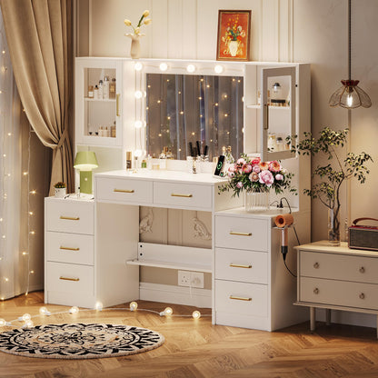 58.3" Makeup Vanity Desk with Charging Station, White Makeup Dressing Table with Mirror & Lights, 3 Lighting Modes Adjustable Brightness, Vanity Table with Power Outlet & 8 Drawers without Stool