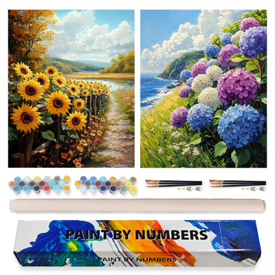 2 Pack Paint by Numbers Kit for Adults Beginner, Flowers Adult Paint by Number Kits on Canvas, DIY Hydrangea Sunflower Landscape Acrylic Painting by Number Kits for Home Decor Gift 16x20 Inch