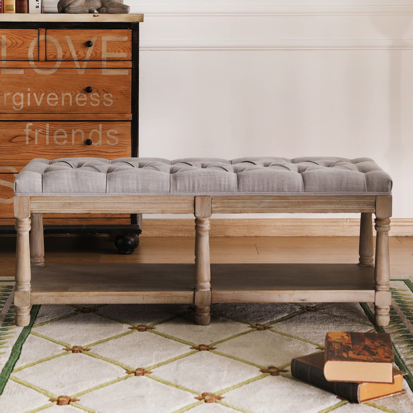 Janoray Farmhouse Storage Bench Wooden Entryway Upholstered Tufted Ottoman Bench for Bedroom End of Bed Hallway Organizer, Grey - WoodArtSupply