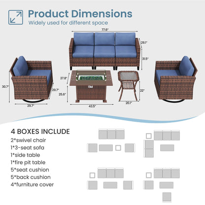 Amopatio Patio Furniture Set with Fire Pit Table, Outdoor Furniture Sectional Sofa with Swivel Chairs, Modern Conversation Sets for Balcony Backyard, Navy（Include Waterproof Covers ） - WoodArtSupply