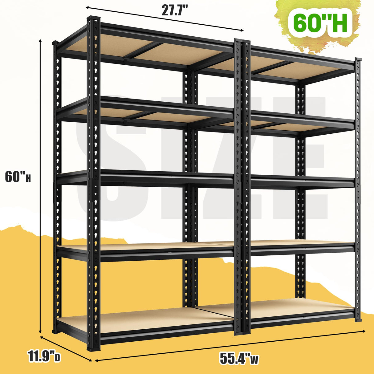 DurayLoly Set of 2 Storage Shelves 27.7"W Metal Shelving 2010LBS Garage Shelving Heavy Duty Garage Shelves Adjustable 5 Tier Metal Shelf for Pantry Kitchen Closet Basement Warehouse 11.9"D×27.7"W×60"H DurayLoly
