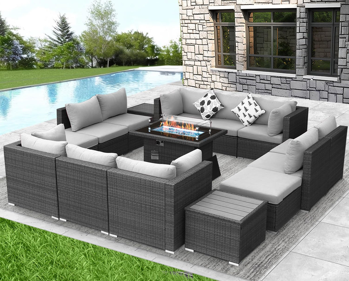 NICESOUL 15 Piece Outdoor Sectional with Fire Pit Table, Modern Luxury Patio Deep Seating w/Firepit, 29.3'' High-Back Wicker Couch Thick, Big High-Weight Capacity Sofa for Terrace, Yard, Light Gray NICESOUL