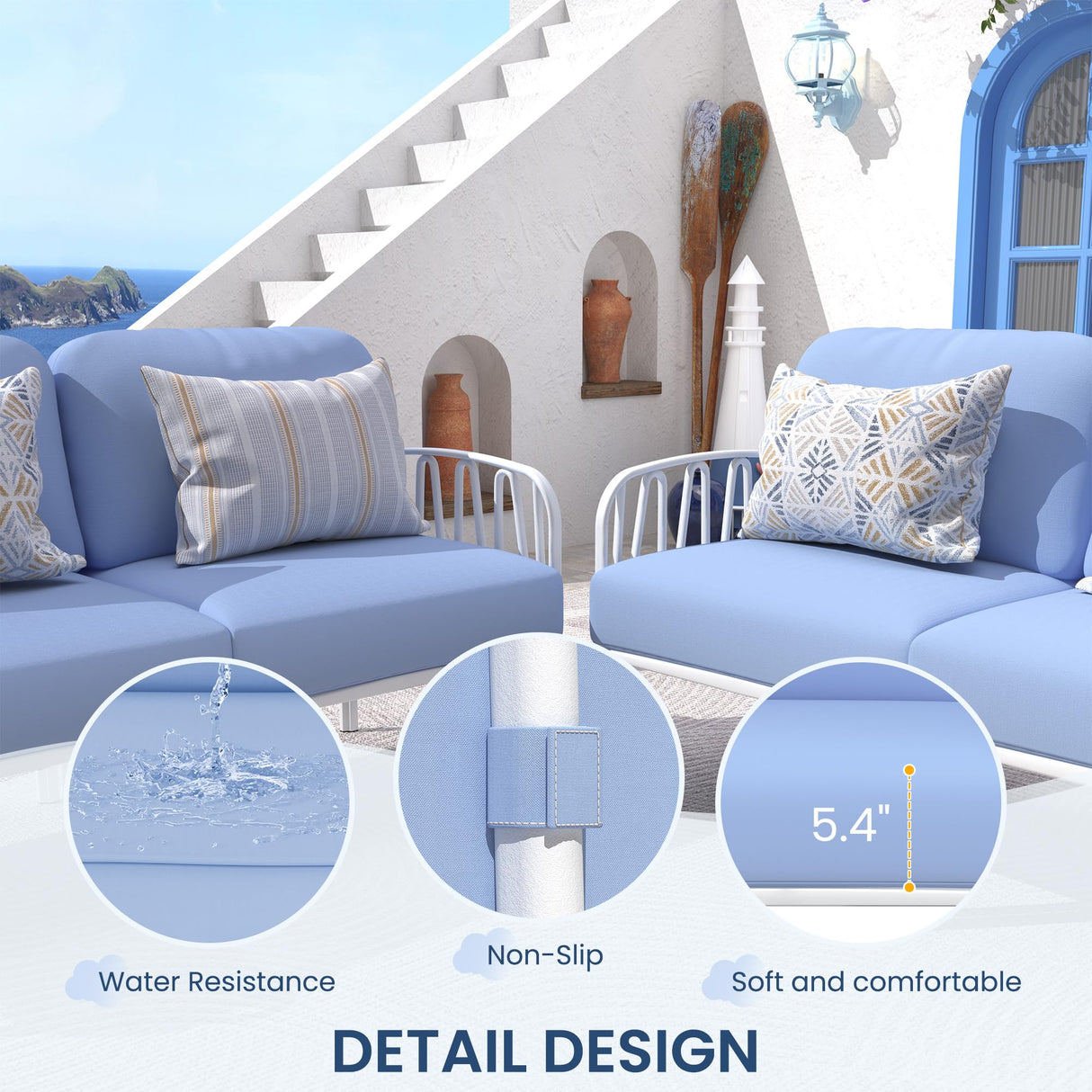 UDPATIO Resin Oversized Patio Furniture Set, Modular DIY Outdoor Sectional Sofa Set, All Weather UV Patio Conversation Set with 5.4'' Thick Cushion for Backyard, Deck, 8pcs Blue White UDPATIO
