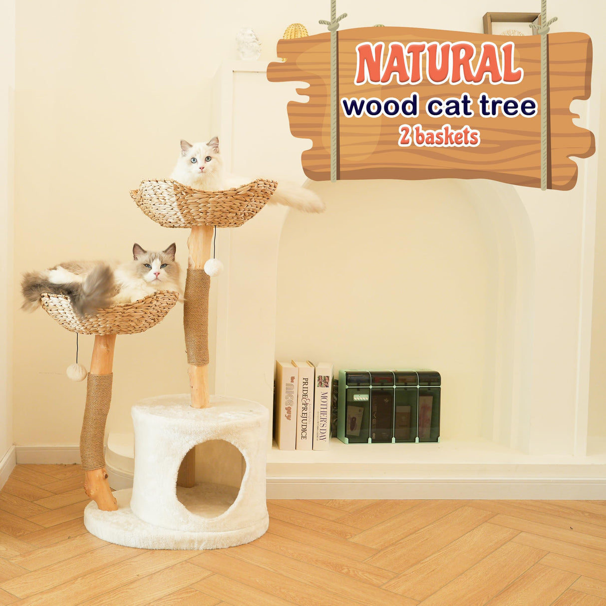 KONELCARE Natural Wood Cat Tree- Modern Cat Tower for Large Cat, 2 Baskets KONELCARE