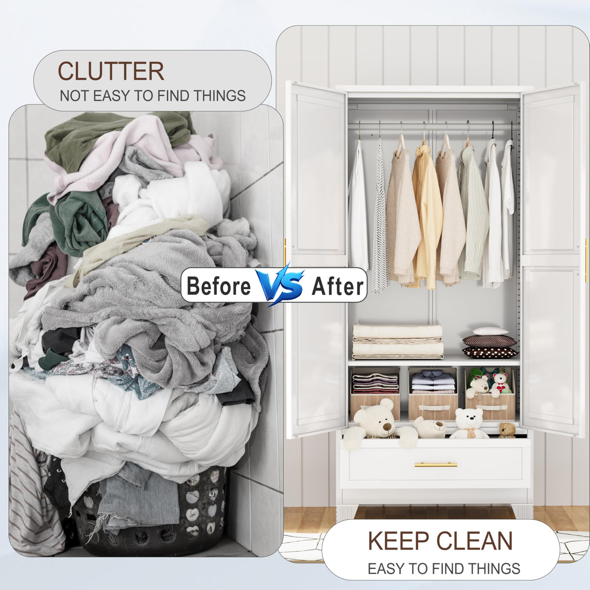 erosoei 71" H Metal Armoire Wardrobe Closet with Mirror,Household Steel Wardrobe Cabinet with Drawers,Clothing Storage Wardrobe Cabinet with Adjustable Shelves and Hanging Rod for Bedroom（White） erosoei