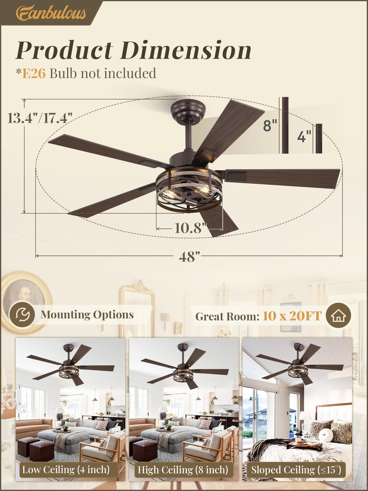 Farmhouse Ceiling Fans with Light, 48 Inch Bedroom Ceiling Fan with Lights, 6-Speed Adjustable, Quiet and Reversible DC Motor, 5 Dual Finish Blades, Rustic Caged Ceiling Fan，Oil Bronze Fanbulous