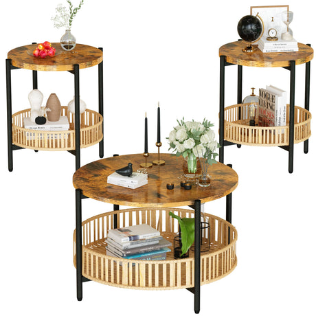 Lamerge 3 Pieces Coffee Table Set for Living Room, Boho Living Room Table Set with Rattan Storage Shelf and Metal Frame, Round Coffee Table & 2 End Side Tables for Apartment Home Office Lamerge