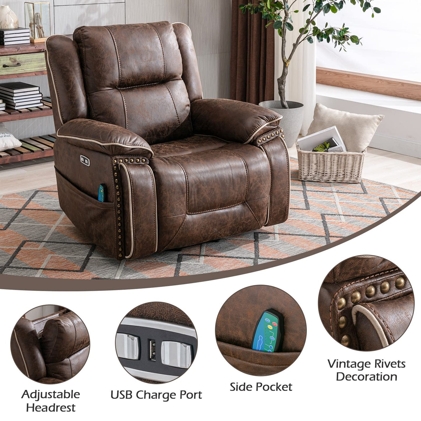 CANMOV Dual Motor Large Power Lift Recliner Chairs with Massage and Heat for Elderly Big People, Electric Faux Leather Recliner with Adjustable Headrest, 2 Concealed Cup Holders, USB Ports, Nut Brown