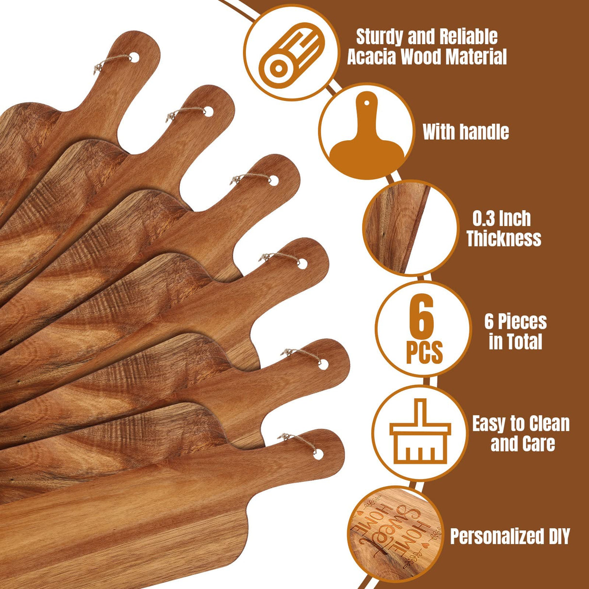6 Pcs Cutting Board Set Plain Chopping Board with Handles Laser Engraving Serving Board Wooden Charcuterie Kitchen Board Bulk for DIY Housewarming Patelai
