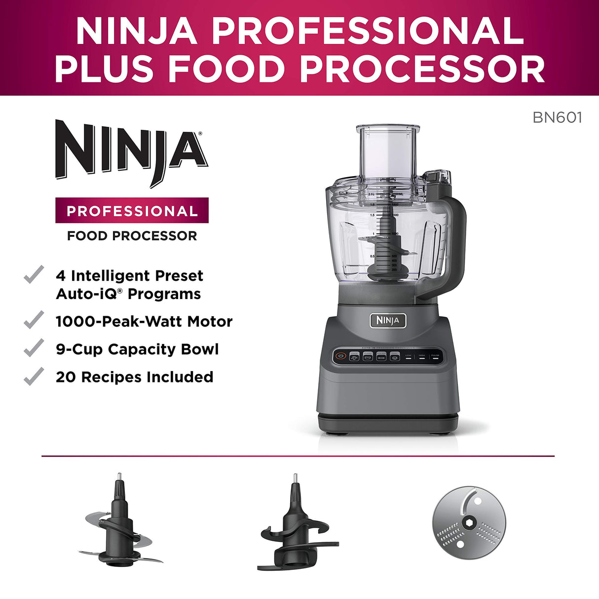 Ninja BN601 Professional Plus Food Processor 1000-Peak-Watts with Auto-iQ Preset Programs Chop Puree Dough Slice Shred with a 9-Cup Capacity and a Silver Stainless Finish (Renewed) Ninja