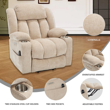 RHHVVR Power Lift Recliner Chair, 350lb Capacity with 8-Point Massage & Heating, USB/Type-C Ports & Cup Holders, Heavy Duty Chenille Recliner for Elderly, Beige RHHVVR