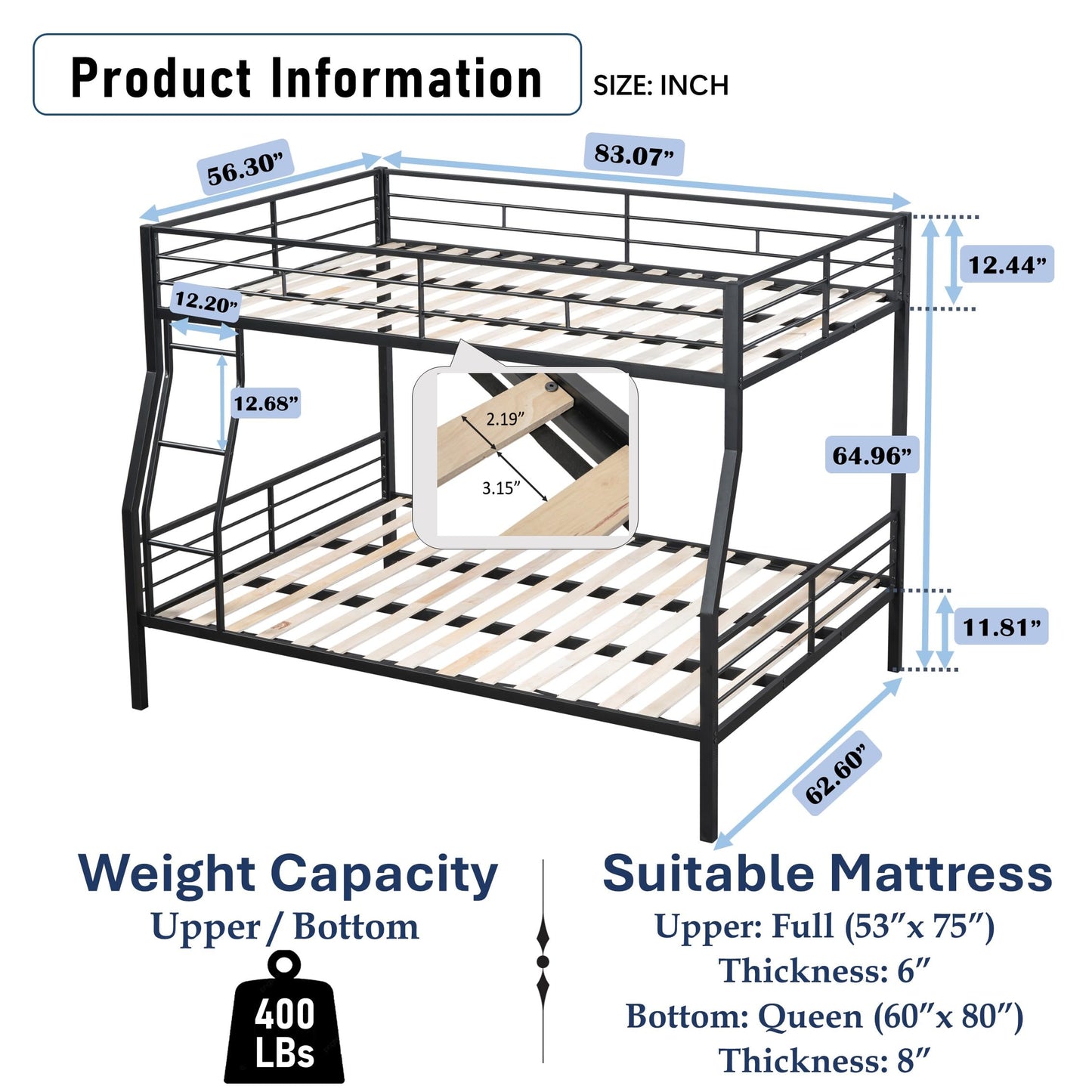 DNYN Space-Saving Full over Queen Bunk Bed with Metal Slat Support in Black - WoodArtSupply