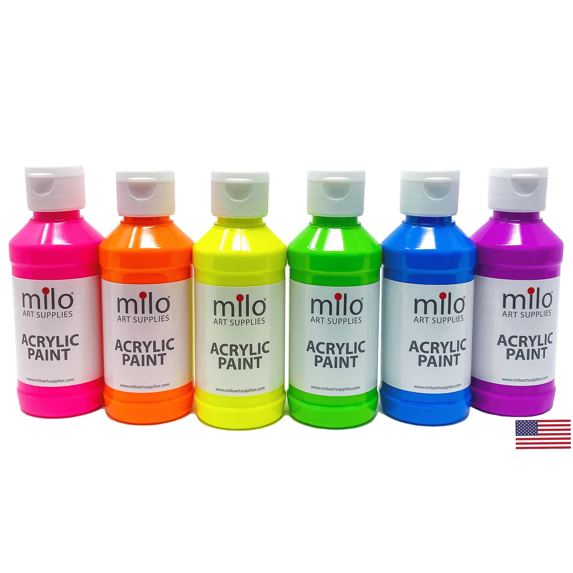 milo Fluorescent Acrylic Paint Set of 6 Colors | 4 oz Bottles | Student Neon Colors Acrylics Painting Pack | Made in the USA | Non-Toxic Art & Craft Paints for Artists, Kids, & Hobby Painters - WoodArtSupply