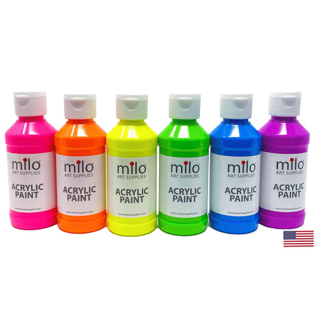 milo Fluorescent Acrylic Paint Set of 6 Colors | 4 oz Bottles | Student Neon Colors Acrylics Painting Pack | Made in the USA | Non-Toxic Art & Craft Paints for Artists, Kids, & Hobby Painters milo