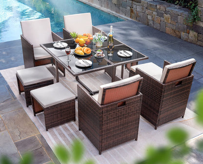 Homall 9 Pieces Dining Outdoor Furniture Patio Wicker Rattan Chairs and Tempered Glass Table Sectional Conversation Set Cushioned with Ottoman (Brown) - WoodArtSupply