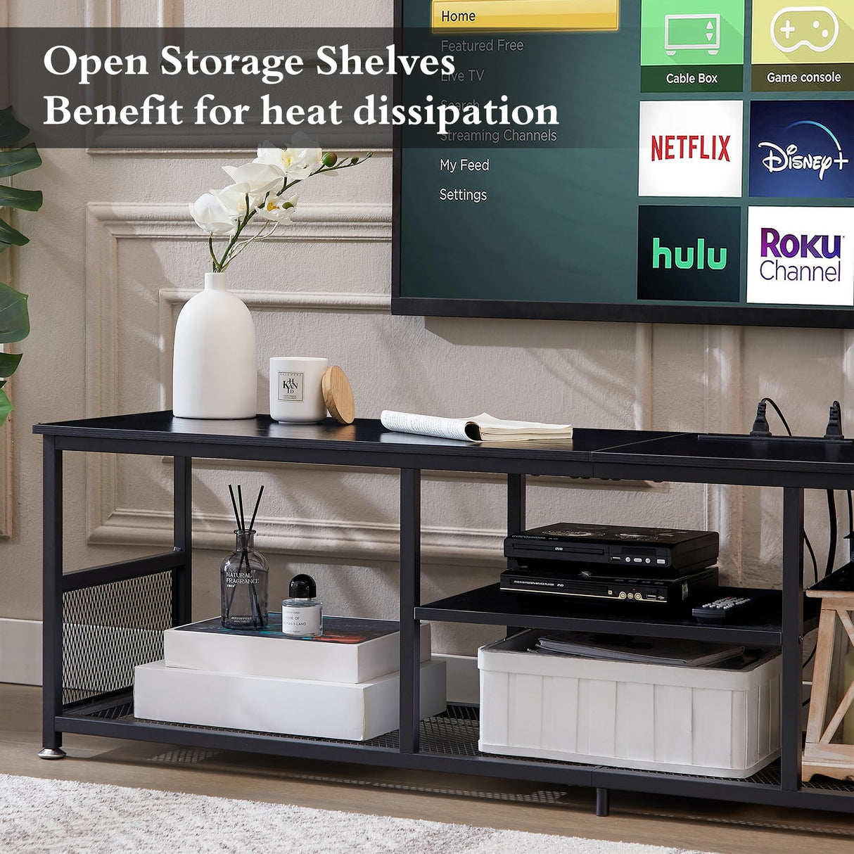 VECELO TV Stand with Power Outlets for Televisions up to 80Inch, 70" Media Entertainment Center with Charging Station 3-Tier Open Storage Shelves with Metal Frame for Living Room/Bedroom，Black VECELO