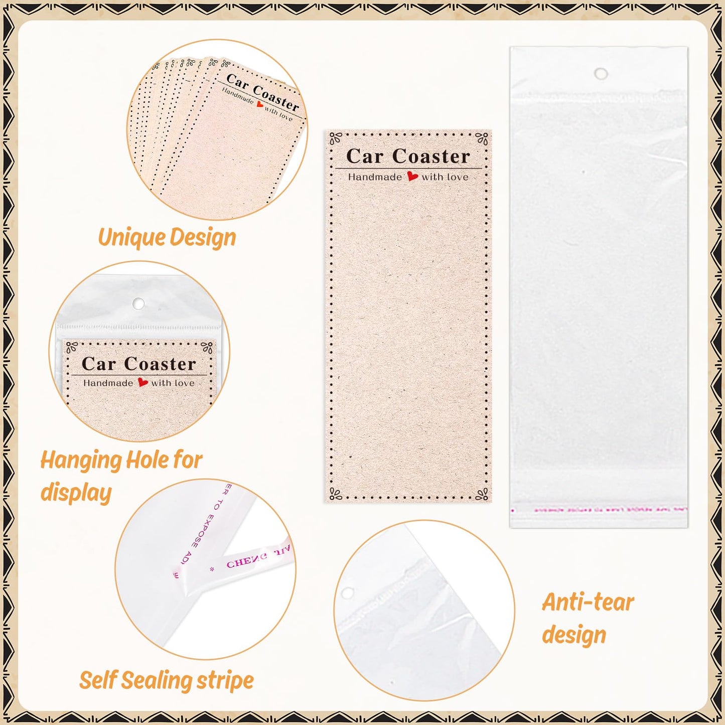 Whaline 120Pcs Car Coaster Packaging for Selling Sublimation Car Coaster Display Cards with Self-Seal Bags Car Coaster Display Bags with White Kraft Cards Heat Press Machines Accessories