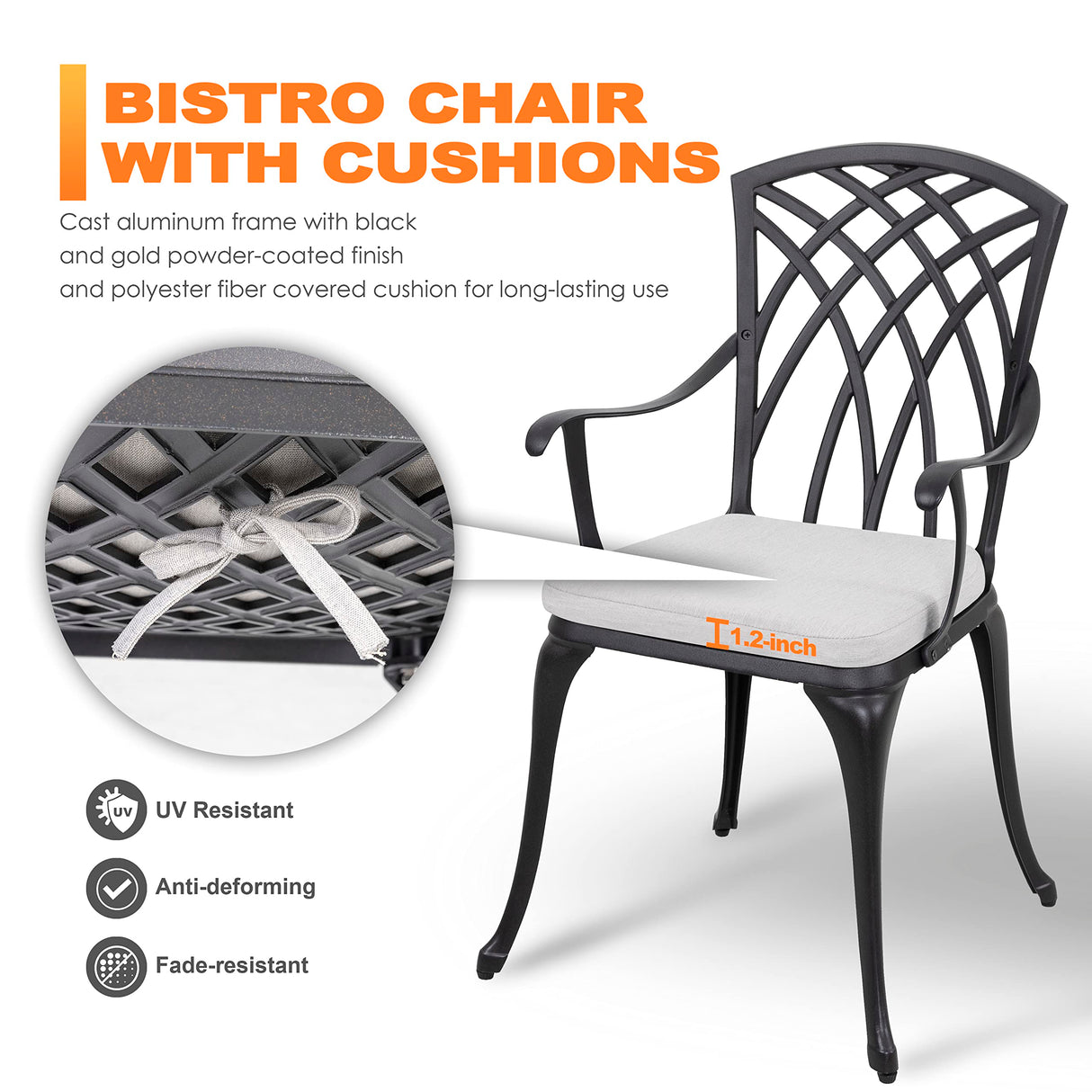 NUU GARDEN Bistro Set 3 Piece Outdoor Cast Aluminum Patio Bistro Set Patio Table and Chairs Set of 2 with Umbrella Hole and Gray Cushions, Black NUU GARDEN