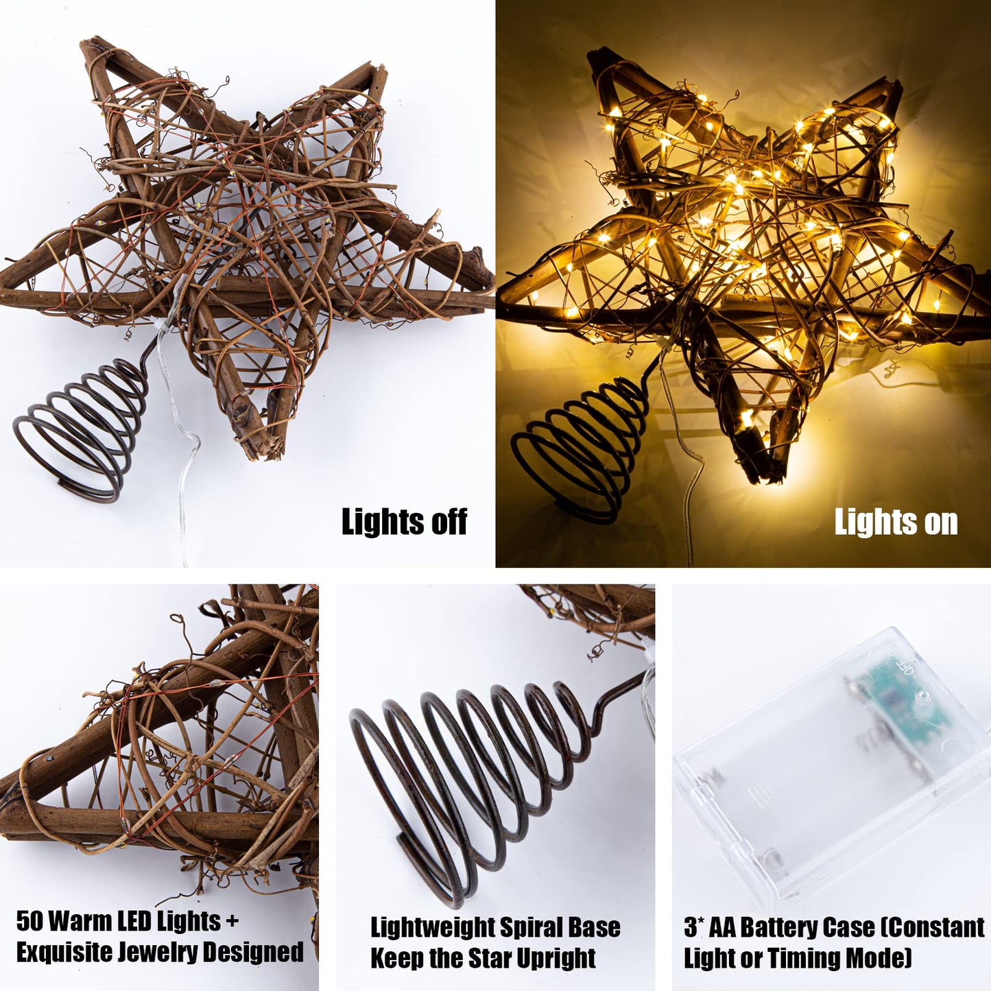 Rattan Natural Star Christmas Tree Topper - Rustic Farmhouse Xmas Treetop with 50 Warm LED Lights for Indoor Christmas Tree Decorations Holiday Seasonal Decor