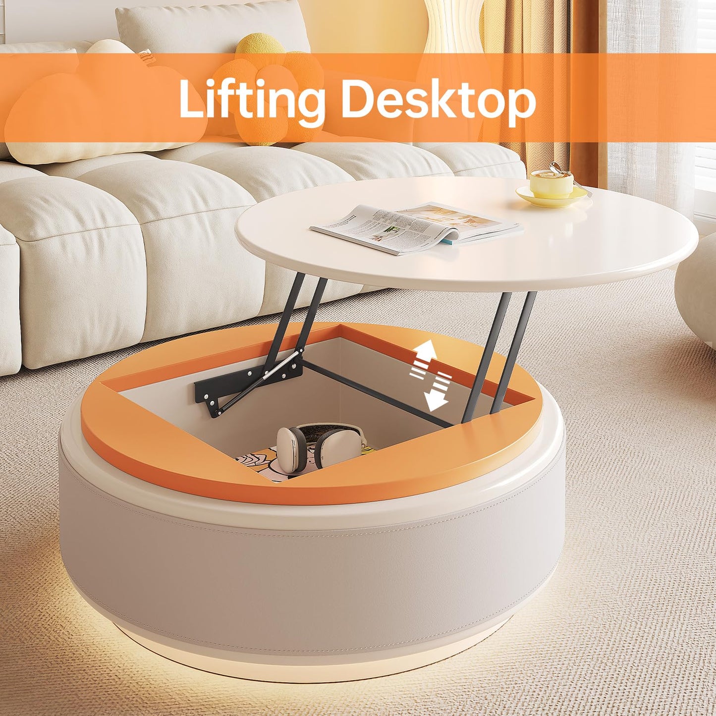 QEZEOM Round Nesting Coffee Table Set of 2, Lift Top Center Table with LED Sensor Light & Hidden Storage, Modern Cream White End Table for Living Room for Small Space, Easy Assembly - WoodArtSupply