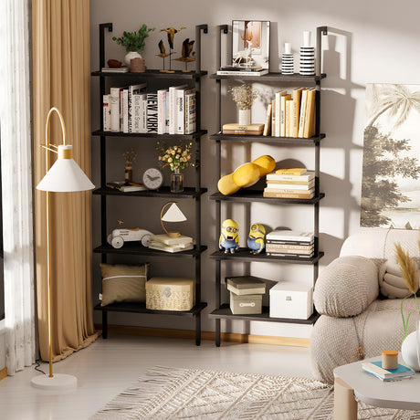 aboxoo Ladder Shelf Open 5-Tier Bookshelf Wall-Mounted Black Wood Bookcase Storage Rack Open Industrial Modern Plant Stand Utility Organizer Bookcase Metal Frame Furniture Office Bedroom aboxoo