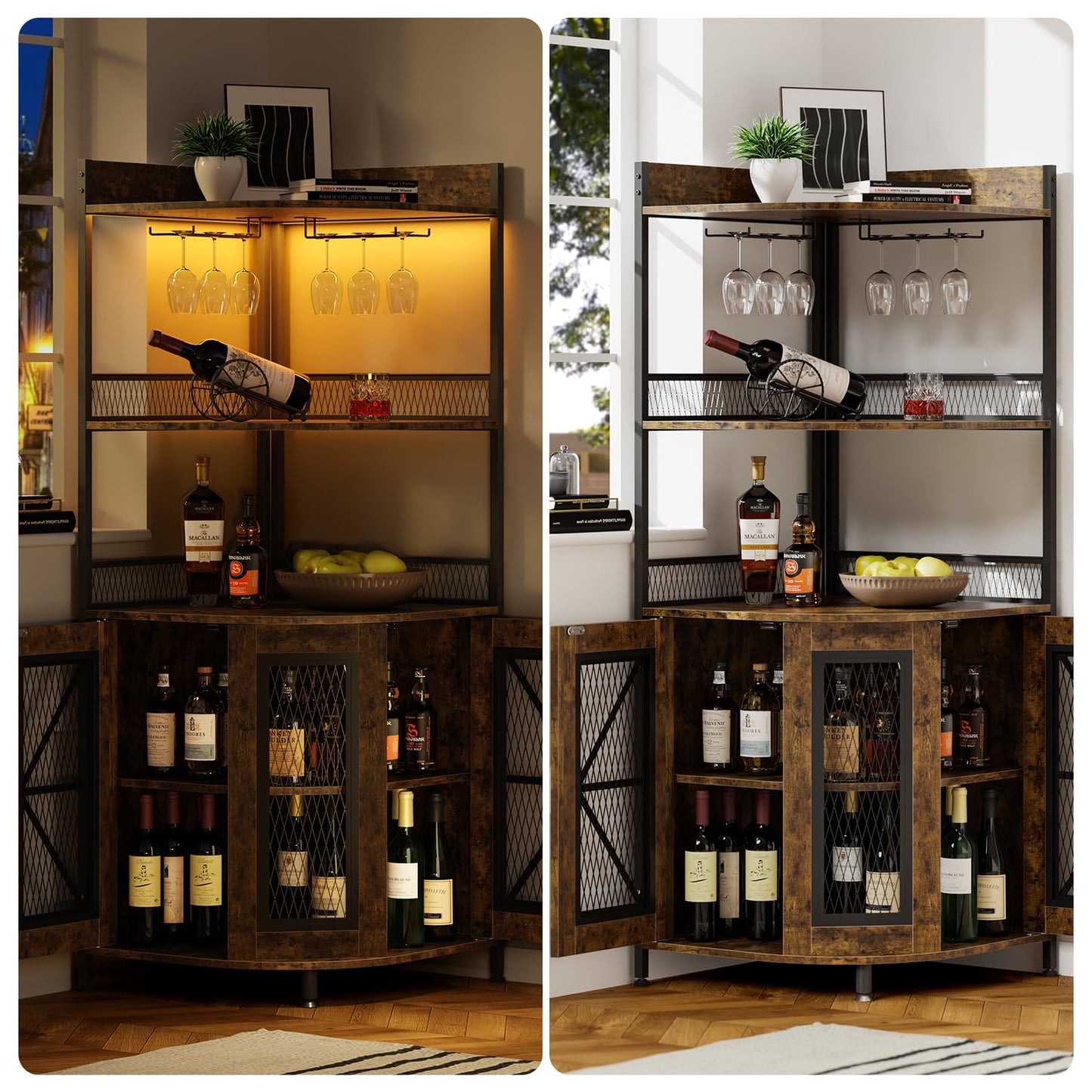 Corner Bar Cabinet with Charge Oult, 5-Tiers Wine Cabinet with LED Light and Glass Holder, Tall Home Liquor Cabinet for Living Room, Corner Display Cabinet for Home