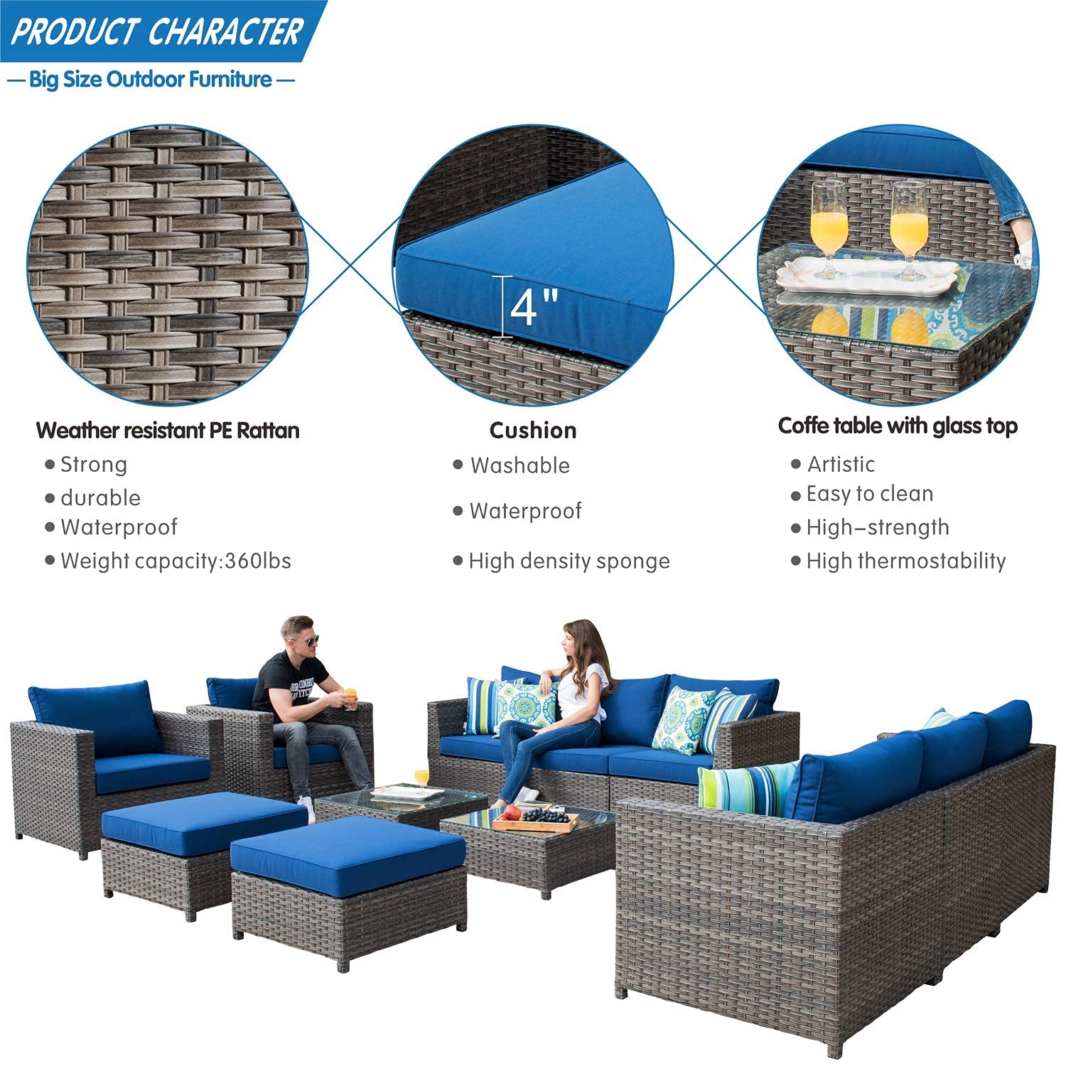 ovios Patio Furniture Set 12 Pieces Outdoor Conversation Set All Weather Wicker Rattan Sectional Sofa Sets with Thick Cushions Fully Assembled Furniture, Big Size, Grey Wicker, Navy Blue - WoodArtSupply