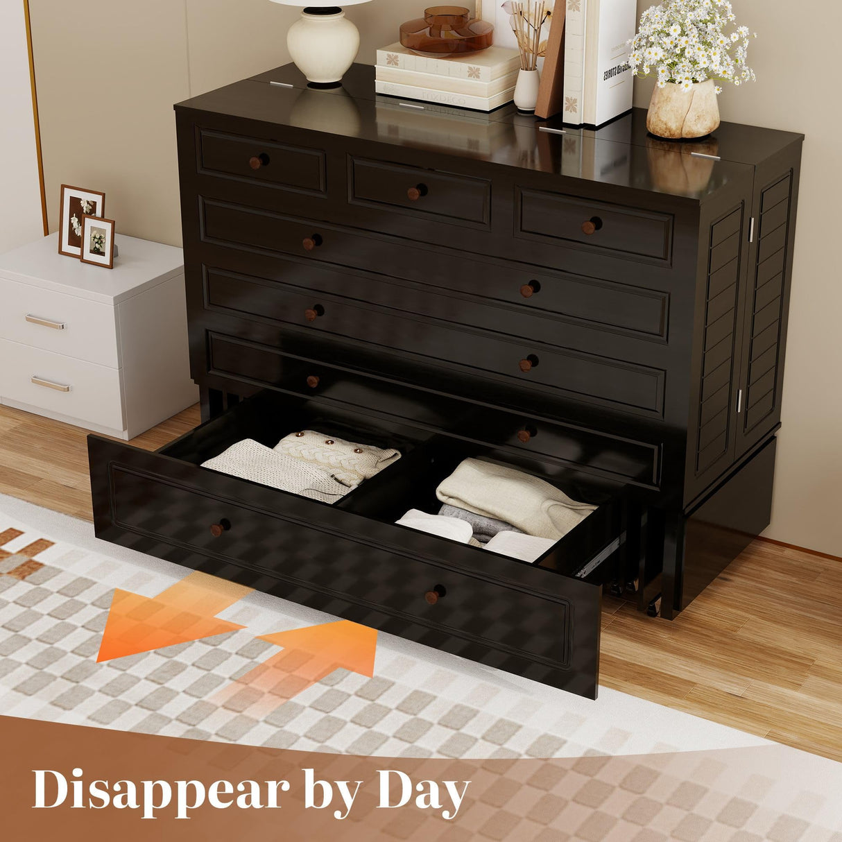 Tafeumob Murphy Bed Queen Size: Murphy Bed Cabinet with Drawer Space-Saving with Shelves&Charging Station for Bedroom, Multipurpose Area, Guest Room, Apartment Black (Mattress not Included) Tafeumob