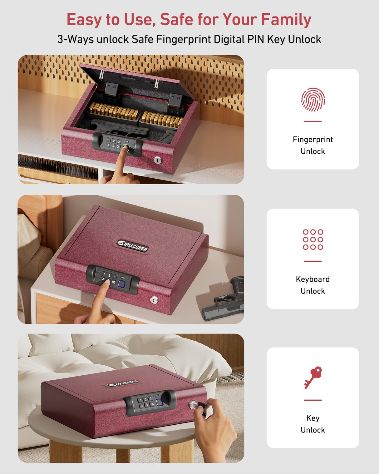 Gun Safe,Biometric Gun Safe for Pistols 3-Ways unlock Fingerprint Digital PIN Key Unlock with Sound, Lock box for Cloakroom living room Bedroom Nightstand and Car BILLCONCH - Burgundy Red BILLCONCH