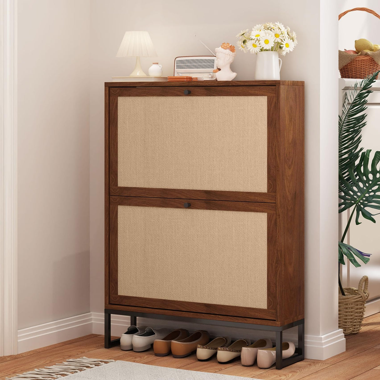AVZEAR Freestanding Shoe Organizer with 2 Flip Drawer Doors, Entryway & Closet Shoe Storage, Linen Doors, Walnut AVZEAR