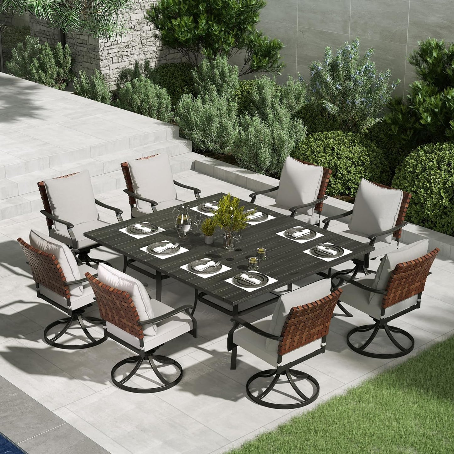 Grand patio 10-Piece Outdoor Dining Set, 8 Leather-Look Wicker Swivel Patio Chairs & 2 Rectangular Dining Table, Black - WoodArtSupply