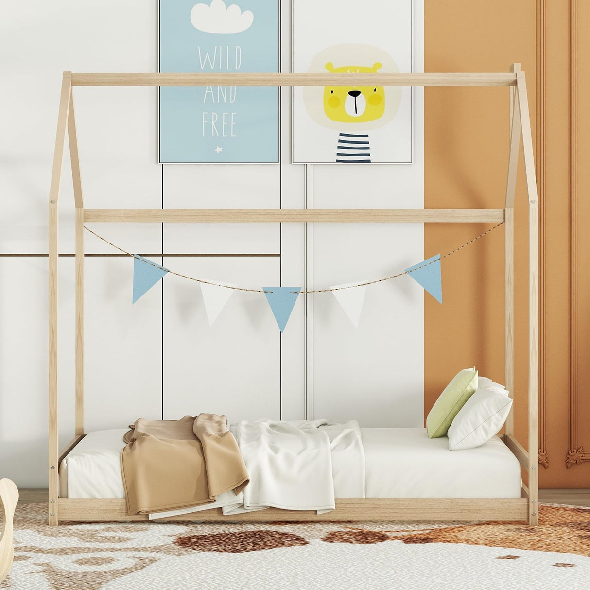 Bellemave Twin Montessori House Bed Frame for Toddlers – Natural Wood Floor Bed for Kids Bellemave