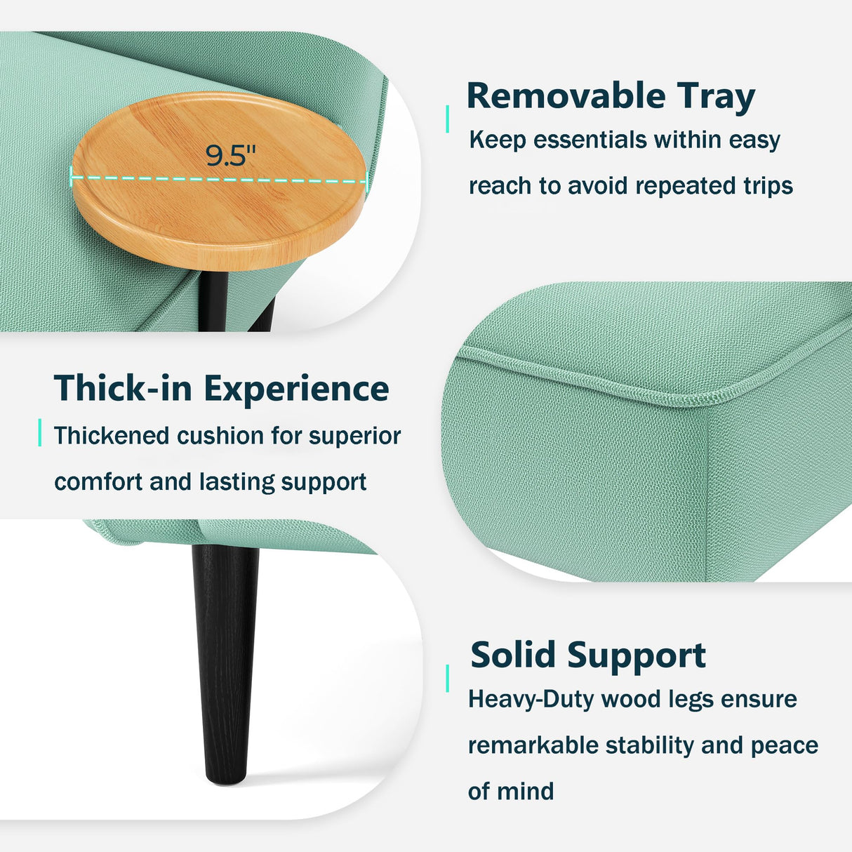 LINSY Small Loveseat Couch 2 Seat, Mid Century Modern Love seat Couches 57" Mini Couch with Srorage, Removable Table and Pillow, Couches for Small Spaces Living Room Bedroom Dorm (Teal Left) LINSY