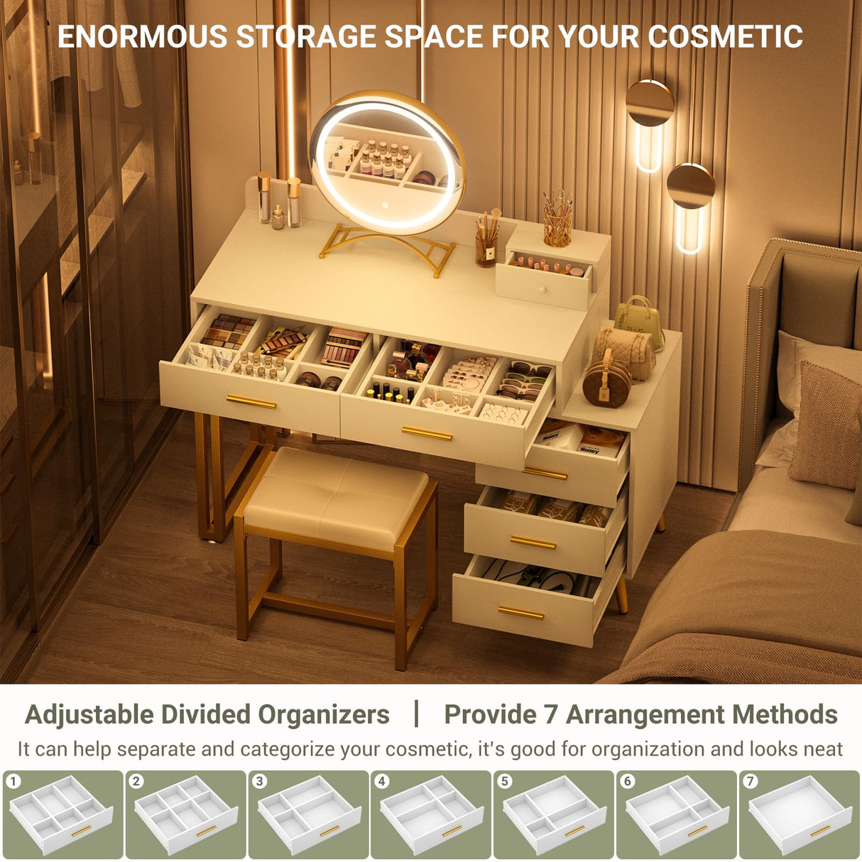 White Vanity Desk with Mirror and Lights, Modern Makeup Vanity Table Set with 6 Storage Drawers and Cushioned Stool for Bedroom, Dressing Table with Divided Organizers for Women Girls, White armocity