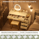 White Vanity Desk with Mirror and Lights, Modern Makeup Vanity Table Set with 6 Storage Drawers and Cushioned Stool for Bedroom, Dressing Table with Divided Organizers for Women Girls, White armocity