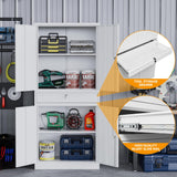 STANI Metal Garage Storage Cabinets with Drawer, 4 Doors Tool Storage Cabinet with 2 Adjustable Shelves, 71"-Lock Steel Locking Cabinet for Garage Utility Room Home Office (White, 0 Wheel-71 H) STANI