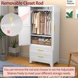 winiowa Metal Armoire Wardrobe Closet with 2 Drawers, 71" Wardrobe Cabinet with Adjustable Shelves and Hanging Rod, Clothing Storage Cabinet Closet with Mirror for Bedroom-White winiowa