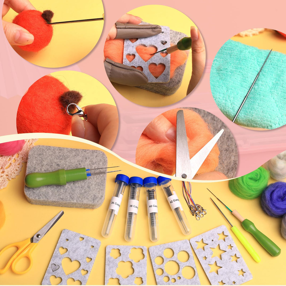 JUPEAN 221 Pcs Needle Felting Kit Needle Felting Starter Kit Needle Felting Supplies Including 43 Color Wool Roving Felting Molds Foam Mat and 4 Sizes Felting Needles for DIY Craft Project JUPEAN