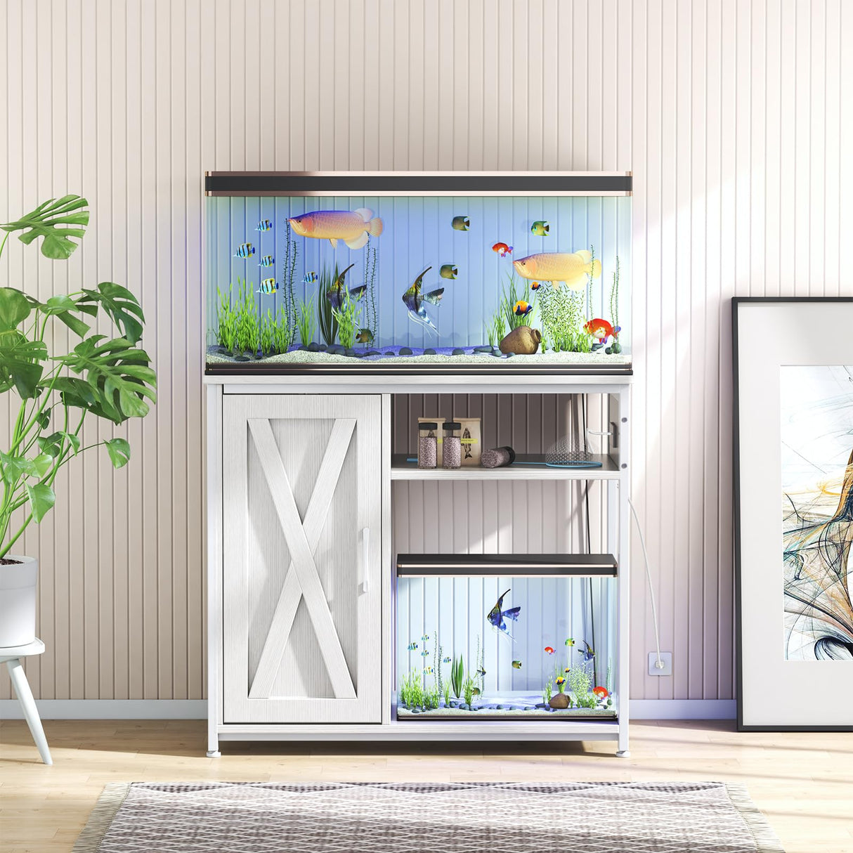 ZERDER Aquarium Stand with Power Outlets, Cabinet for Fish Tank Accessories Storage, Heavy Duty Metal Fish Tank Stand for Turtle Tank (White, 40-50 Gallons) ZERDER