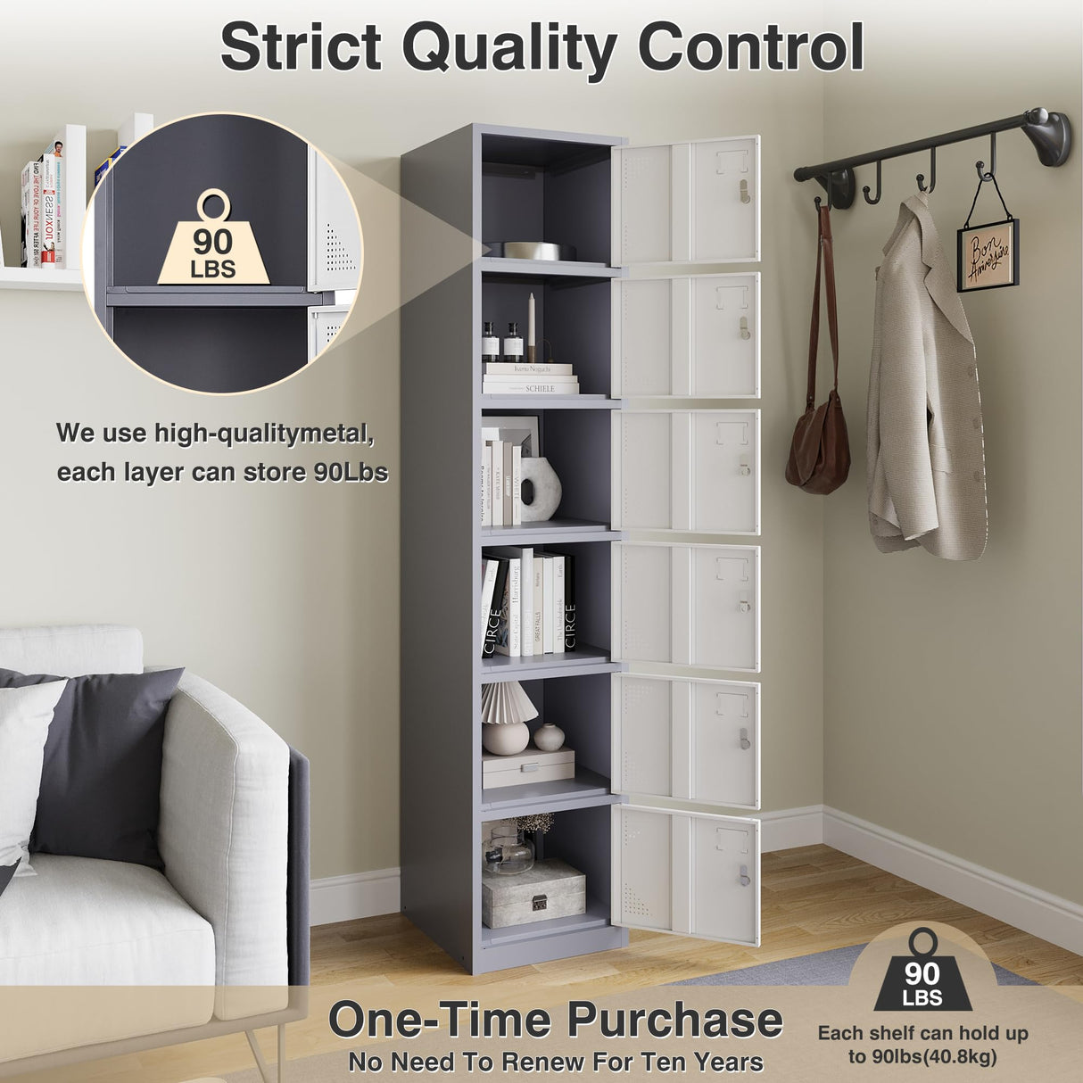 SISESOL Metal Locker Storage Cabinet with Doors and Shelves Metal Lockers with 6 Doors,71" Lockable Small Locker Storage Cabinet for Employees,School, Office, Home, Gym(White/Grey) SISESOL