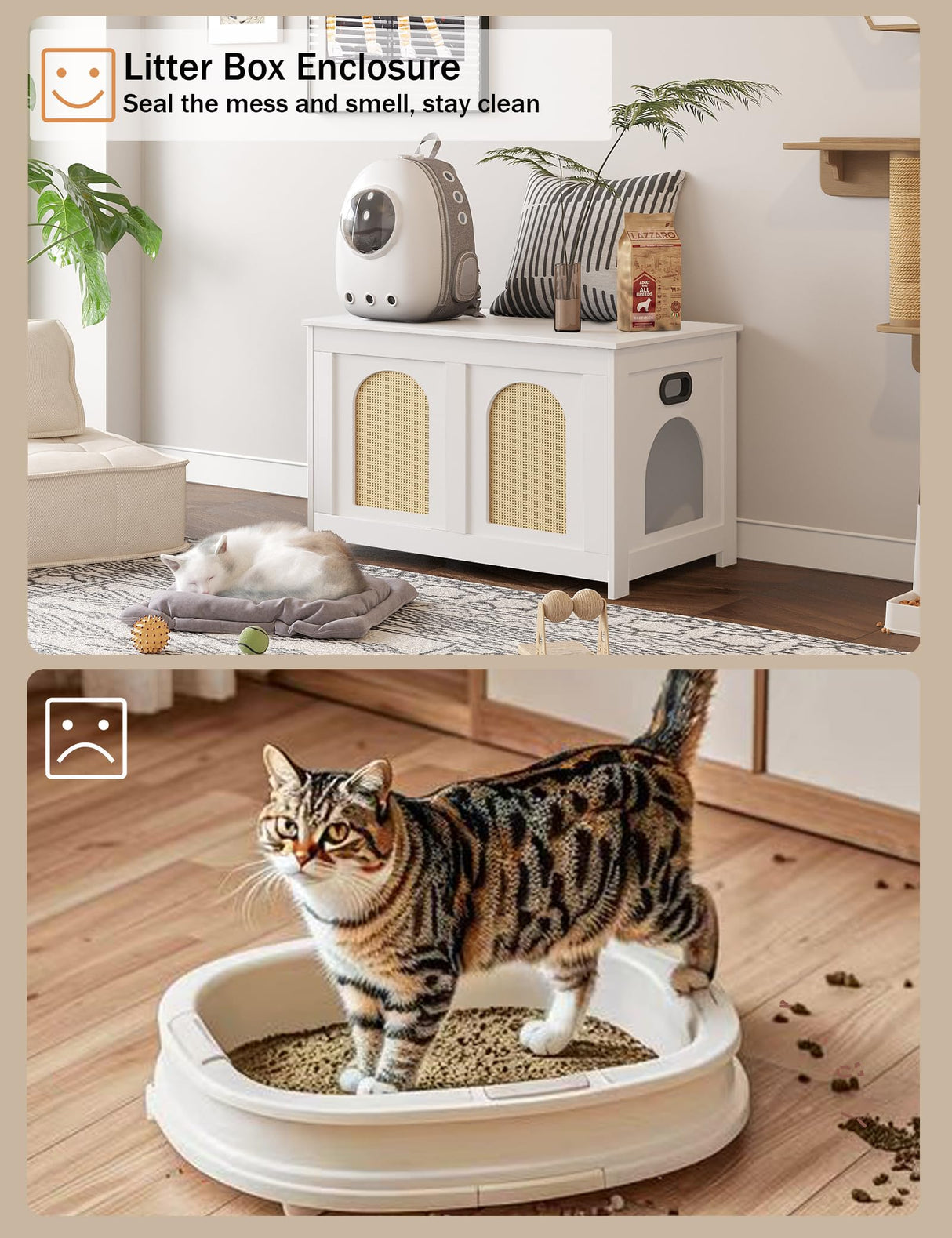 DINZI LVJ Cat Litter Box Enclosure, Flip Top Litter Box Furniture, Rattan-Like Hidden Cat Washroom, Wooden Pet House, End Side Table, 31.5" L x 19.7" W x 19.7" H, Easy to Assemble, White with Rattan DINZI LVJ