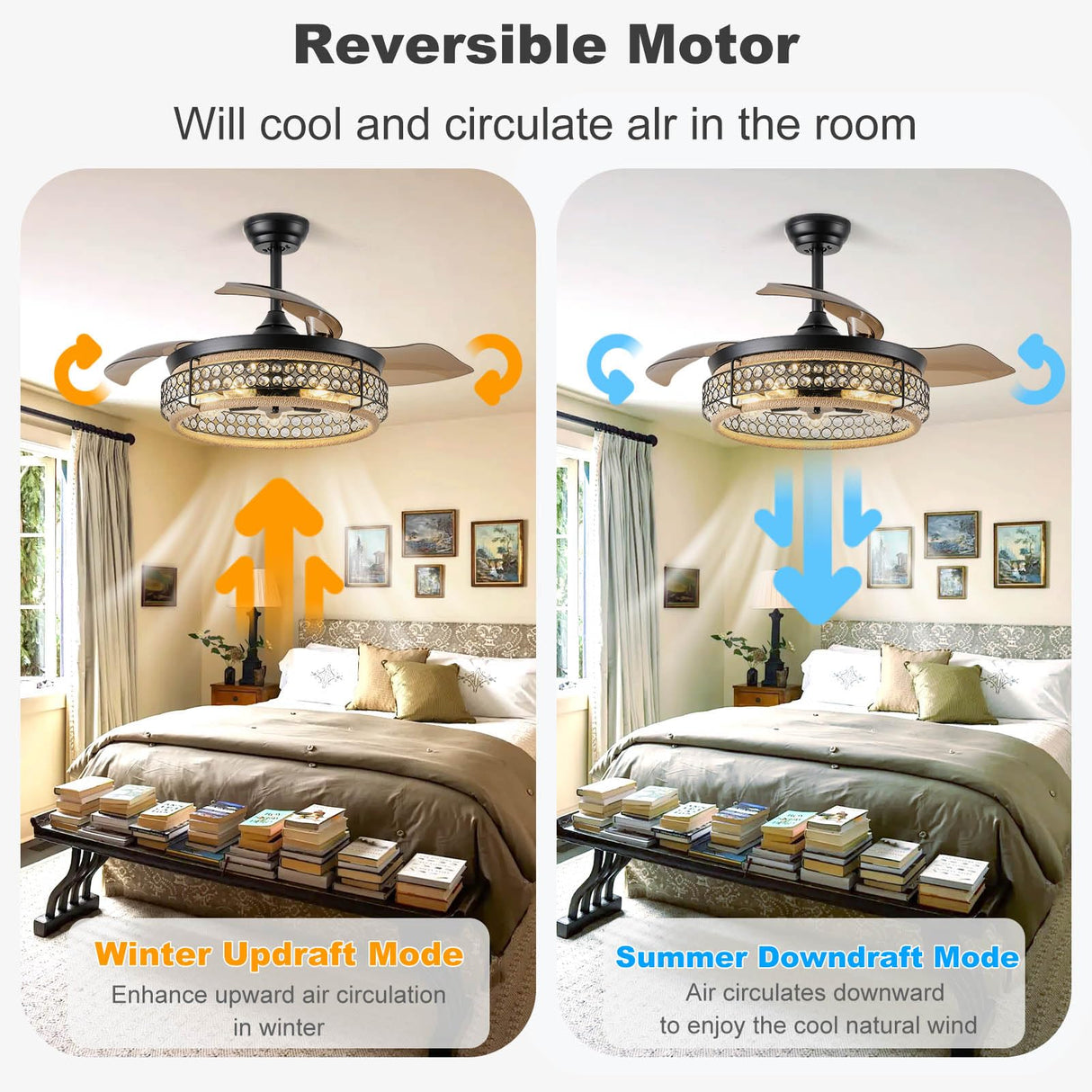 48 Inch Retractable Ceiling Fans with Lights and Remote, Industrial Black Fandelier with 3 Retractable ABS Blades, Invisible Crystal Chandelier Fan for Bedroom Living Room Dining Room (Hemp Rope) Oiotwo