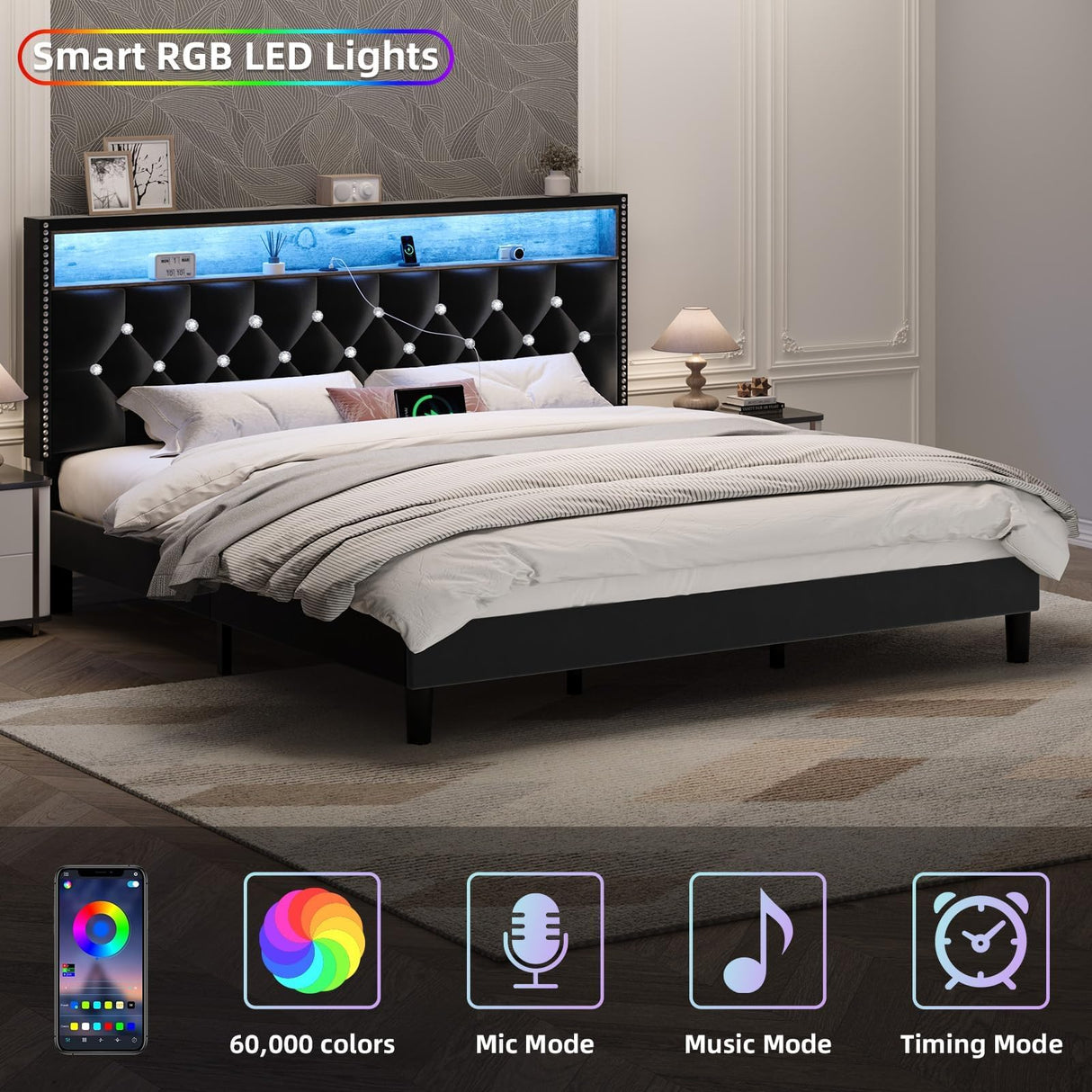 HOMBCK King Size Bed Frame with LED Lights and Storage Headboard, Velvet Upholstered Bed Frame King with Charging Station, Modern Diamond and Rivet Design, No Box Spring Needed, Easy Assembly, Black HOMBCK