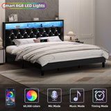 HOMBCK King Size Bed Frame with LED Lights and Storage Headboard, Velvet Upholstered Bed Frame King with Charging Station, Modern Diamond and Rivet Design, No Box Spring Needed, Easy Assembly, Black HOMBCK