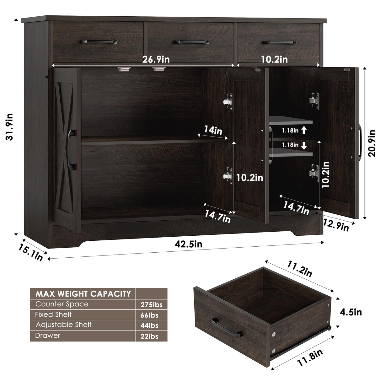 HOSTACK Modern Farmhouse Buffet Sideboard Cabinet, Barn Doors Storage Cabinet with Drawers and Shelves, Wood Coffee Bar Cabinet with Storage for Dining Room, Kitchen, Living Room, Dark Brown HOSTACK