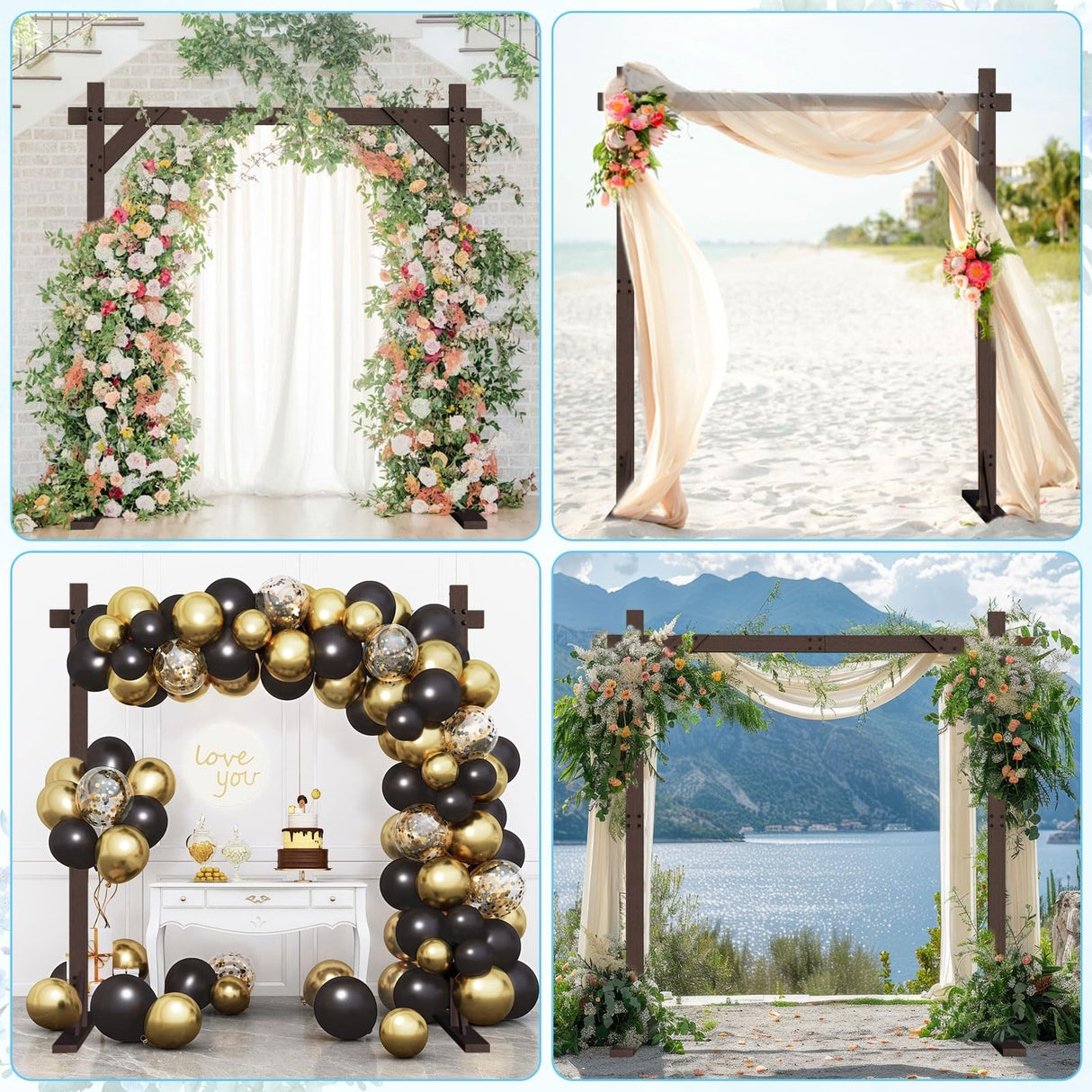 Kusamue Wooden Wedding Arch Frame 7.48 FT Square Wood Arch Wedding Arbor Backdrop for Ceremony Party Proposal Scene Garden Beach Forest Rustic Boho Decoration(7.48ft) Kusamue