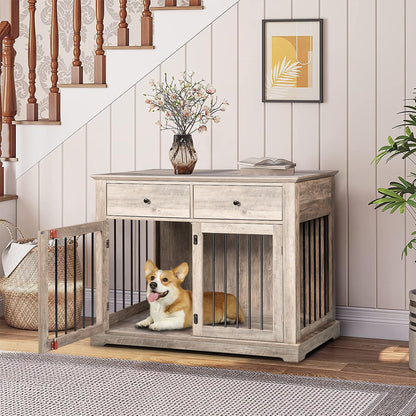 TAVATA Dog Crate Furniture with 2 Drawer, 44'' Large Dog Crate Dog Kennel, Heavy Duty Wood Dog Cage Dog House for Small/Medium/Large Dog, Sturdy Dog Kennel Dog Crate (Grey)