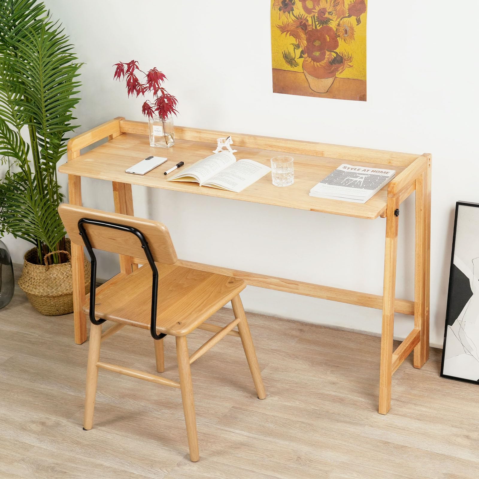 Cttasty Computer Desk, Foldable Desk, Home Office Desks, Solid Wood Writing Desk, Mid Century Modern Desks, Oak Study Table, Folding Desks for Small Spaces, 39.4 W x 27.6 H x 13.6 D Inches, N - WoodArtSupply