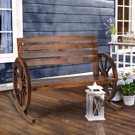 Outdoor Wood Rocking Chair Wooden Wagon Wheel Bench, Rustic Patio Rocker Chair for Porch Lawn Garden Balcony Poolside, Brown