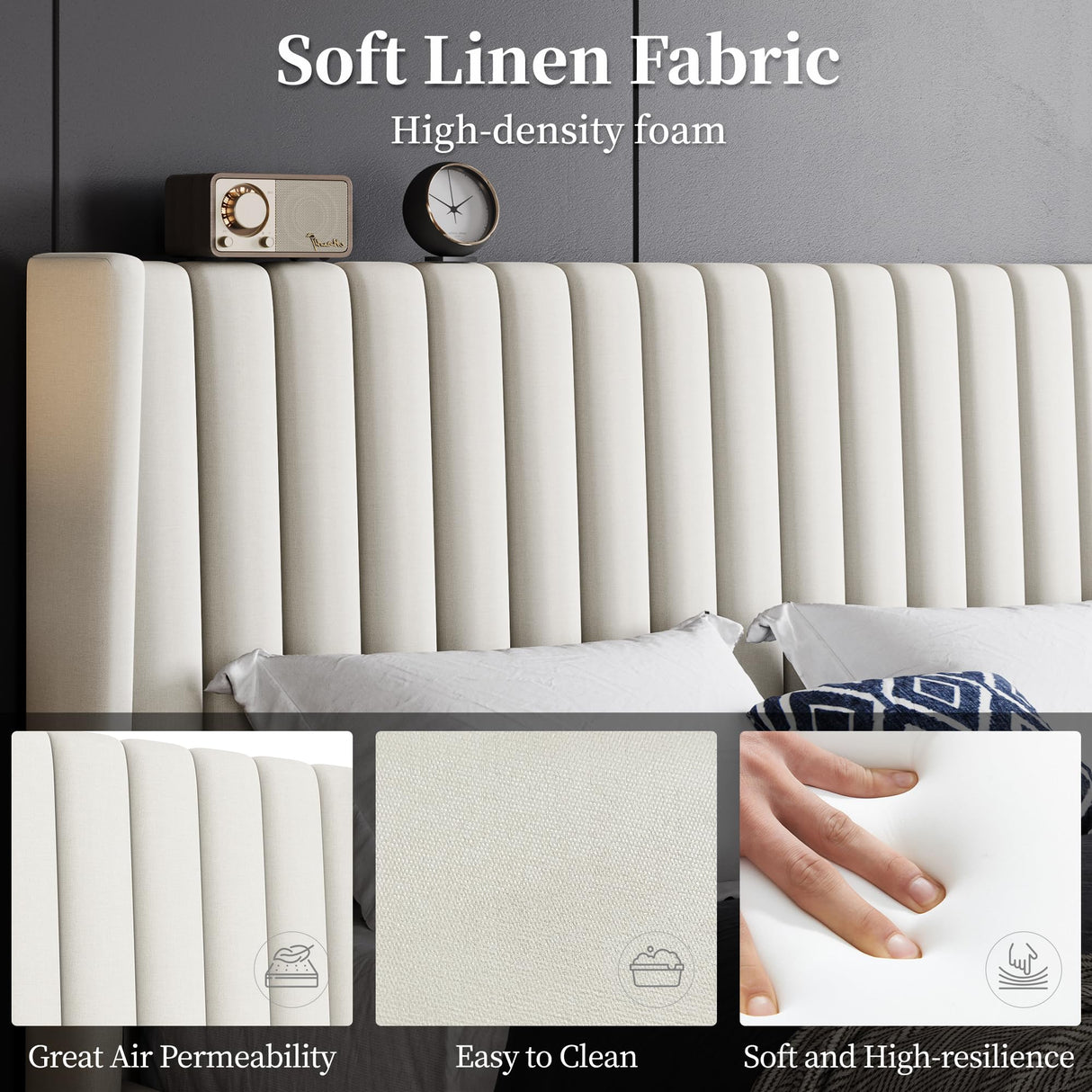 Yaheetech Queen Bed Frame Upholstered Platform Bed with Fabric Headboard, Wing Edge Design/Non-Slip and Noise-Free/Wooden Slats Support/No Box Spring Needed/Easy Assembly, Beige Queen Bed Yaheetech